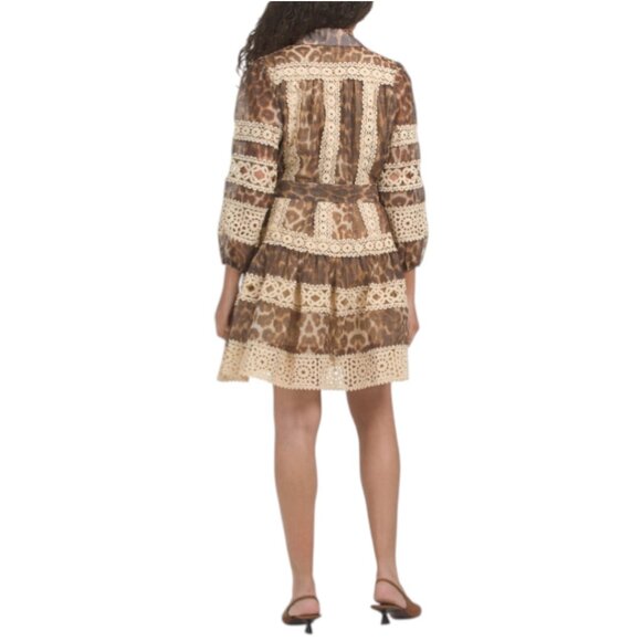 DALIA MACPHEE Long Sleeve Animal Print Lace Trim Mini Dress - Picture 2 of 2